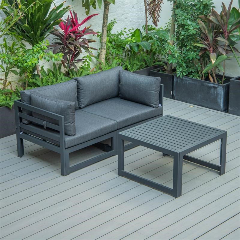 LeisureMod Chelsea Black Outdoor Patio Loveseat and Coffee Table Set
