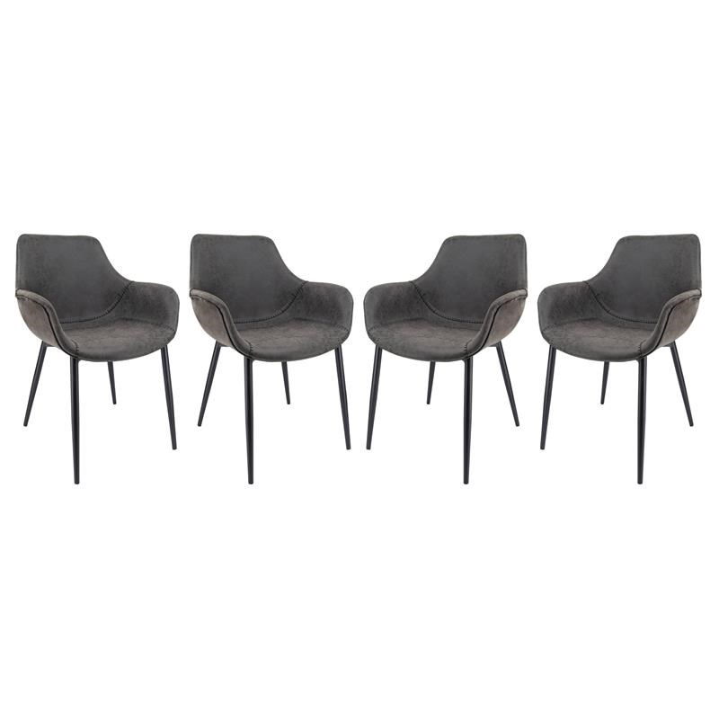 LeisureMod Markley Leather Dining Armchair Metal Legs Set of 4 in Charcoal Black