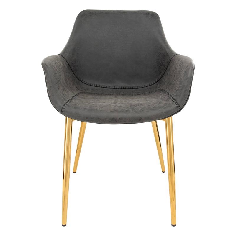 LeisureMod Markley Leather Dining Armchair Gold Legs Set of 2 in Charcoal Black