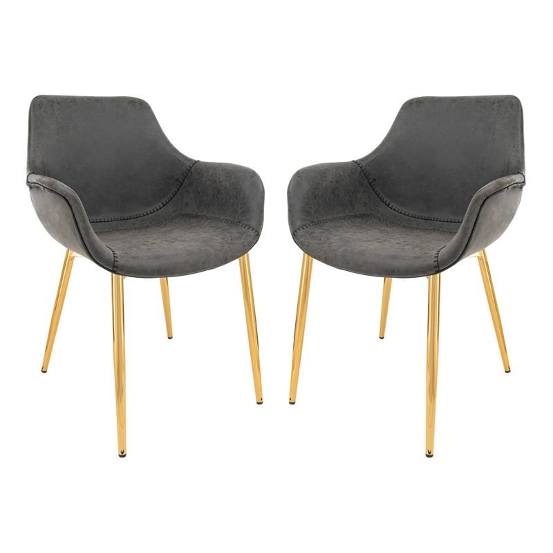 LeisureMod Markley Leather Dining Armchair Gold Legs Set of 2 in Charcoal Black