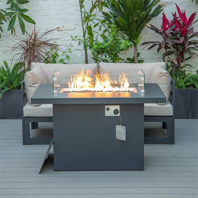LeisureMod Chelsea Beige Patio Loveseat and Fire Pit Table Set