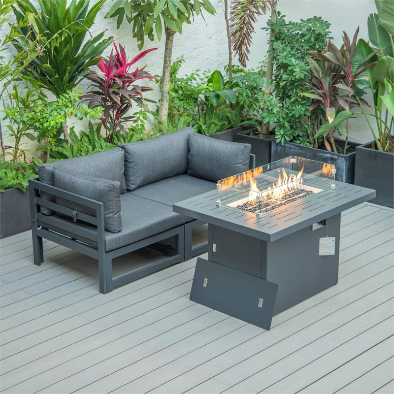 LeisureMod Chelsea Black Patio Loveseat and Fire Pit Table Set