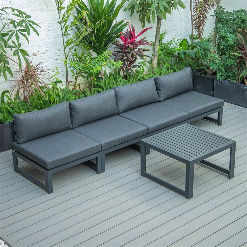 LeisureMod Chelsea 5-Piece Black Armless Patio Chairs and Coffee Table Set