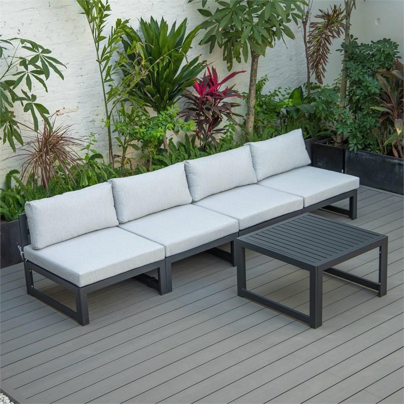 LeisureMod Chelsea 5-Piece Light Grey Armless Patio Chairs and Coffee Table Set