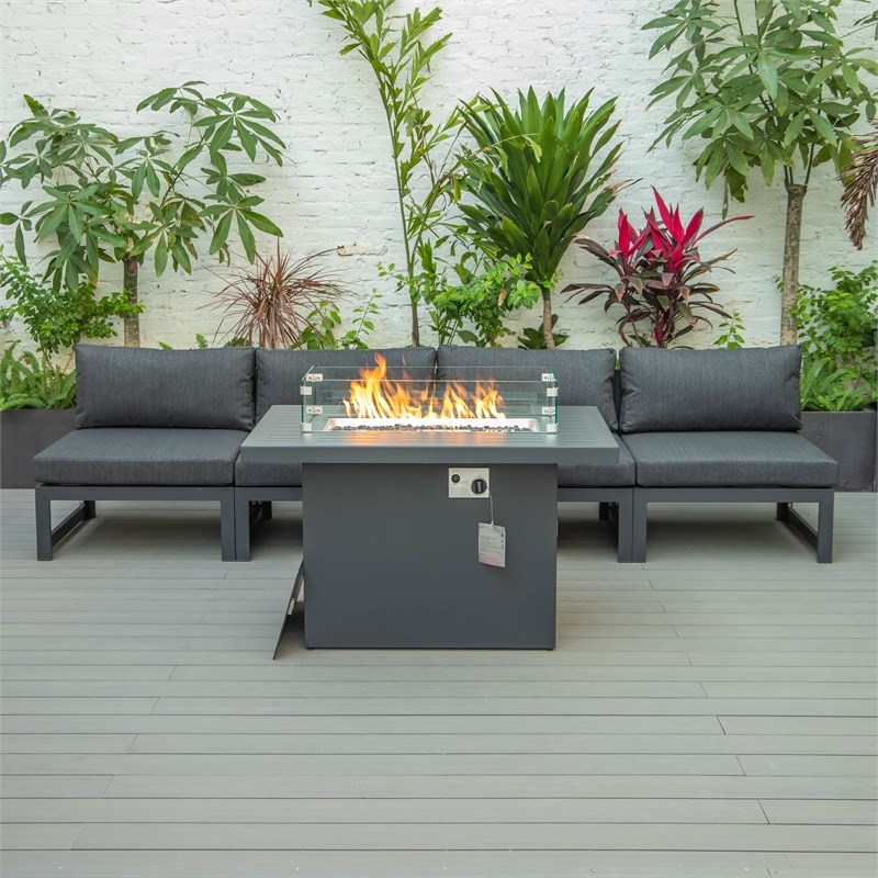 LeisureMod Chelsea 5-Piece Black Armless Patio Chairs and Fire Pit Table Set