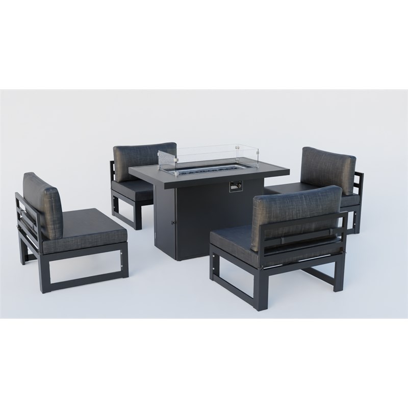 LeisureMod Chelsea 5-Piece Black Armless Patio Chairs and Fire Pit Table Set