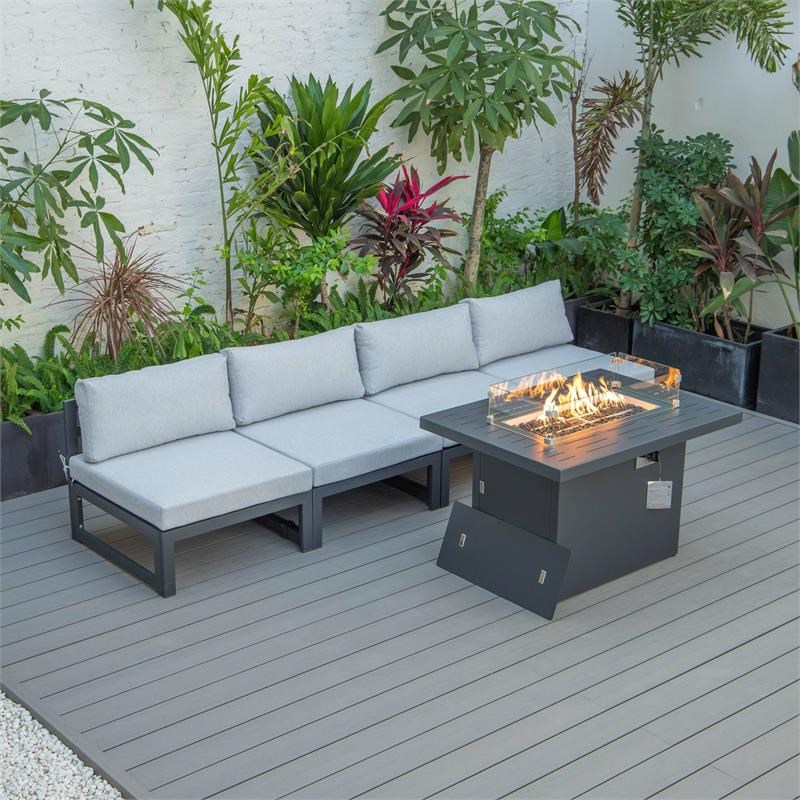 LeisureMod Chelsea 5-Piece Light Grey Patio Chairs and Fire Pit Table Set