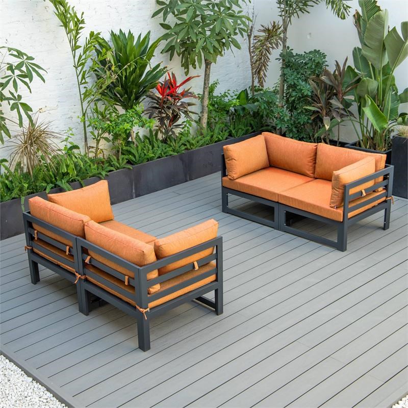 LeisureMod Chelsea 4-Piece Patio Sectional Loveseat Set with Orange Cushions