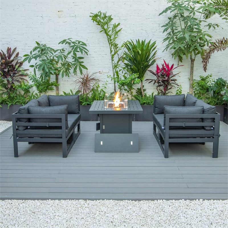LeisureMod Chelsea 5-Pc Loveseat and Fire Pit Table Set with Black Cushions