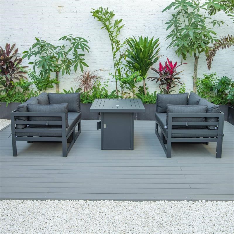 LeisureMod Chelsea 5-Pc Loveseat and Fire Pit Table Set with Black Cushions