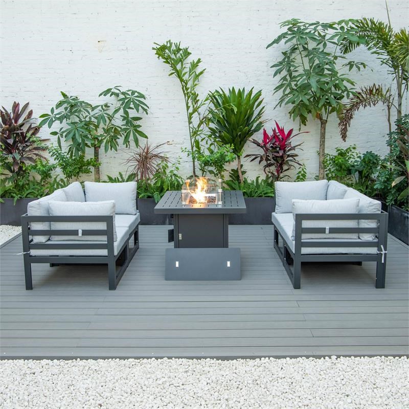 LeisureMod Chelsea 5-Pc Loveseat and Fire Pit Table Set with Light Grey Cushions
