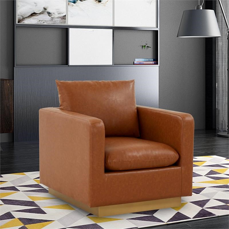 LeisureMod Nervo Leather Accent Arm Chair With Gold Base In Cognac Tan ...