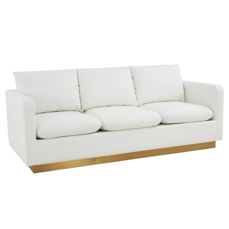 LeisureMod Nervo Modern Leather Sofa With Gold Base In White