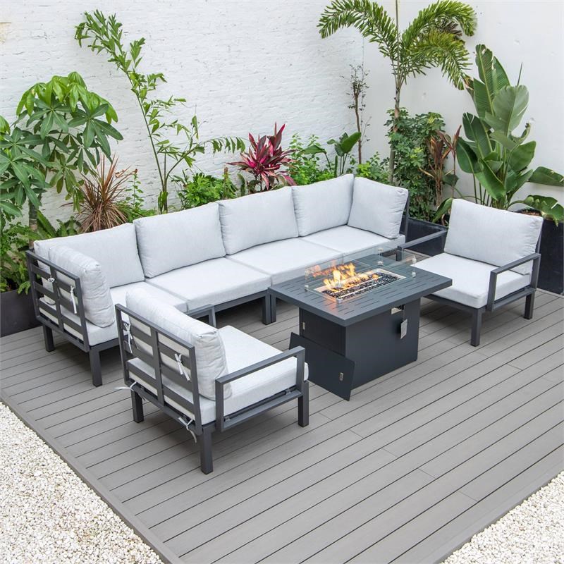 LeisureMod Hamilton 7-Peice Patio Conversation Set with Firepit Table in Gray