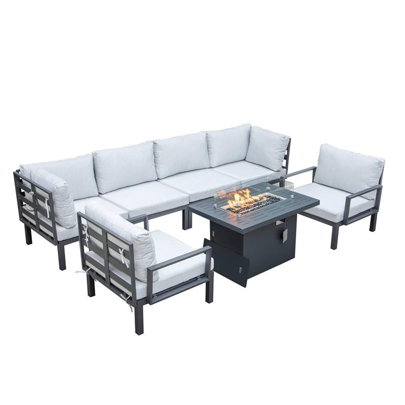 LeisureMod Hamilton 7-Peice Patio Conversation Set with Firepit Table in Gray