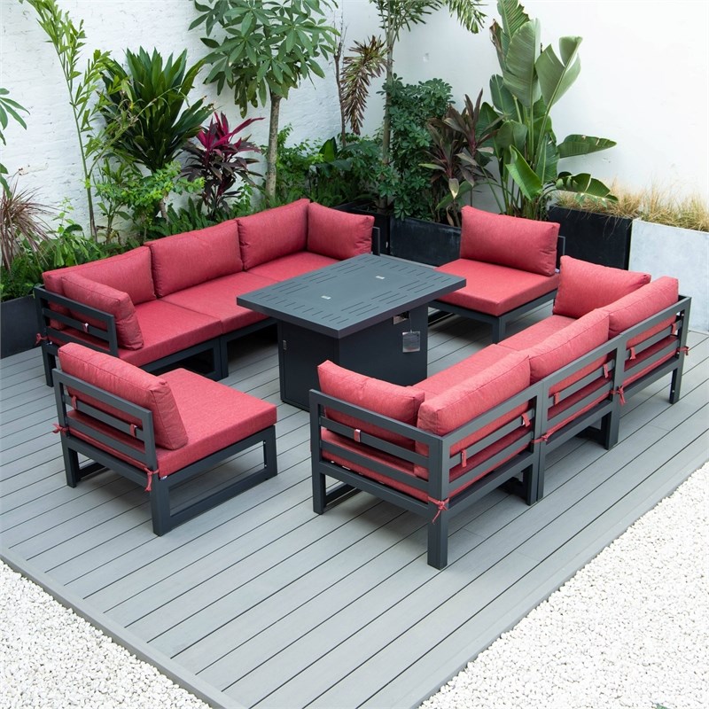 LeisureMod Chelsea 9-Piece Patio Sectional with Fire Pit Table in Red
