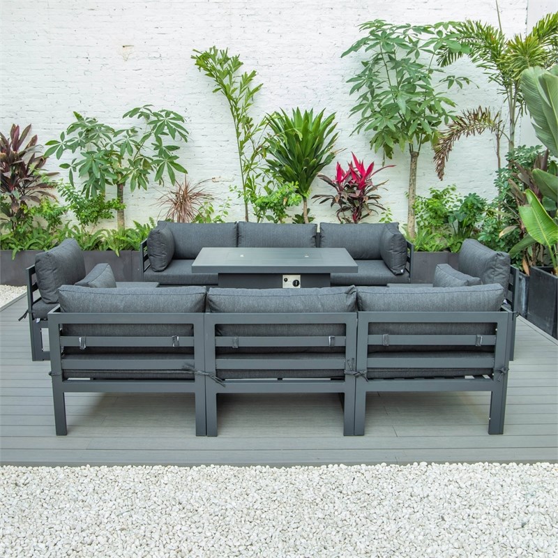 LeisureMod Chelsea 9-Piece Patio Sectional with Fire Pit Table in Black
