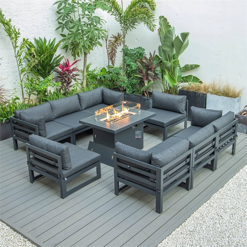LeisureMod Chelsea 9-Piece Patio Sectional with Fire Pit Table in Black