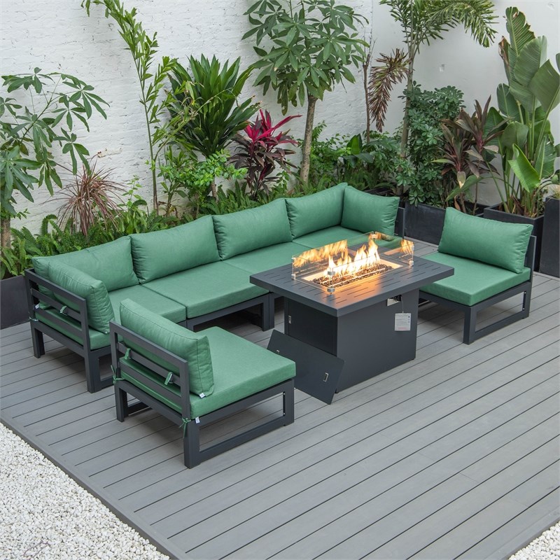 LeisureMod Chelsea 7-Piece Sectional And Fire Pit Table With Cushions in Green
