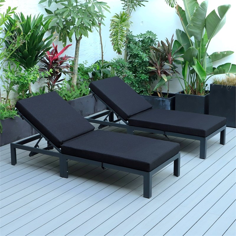 LeisureMod Chelsea Chaise Lounge Chair Set of 2 With Side Table & Black Cushions