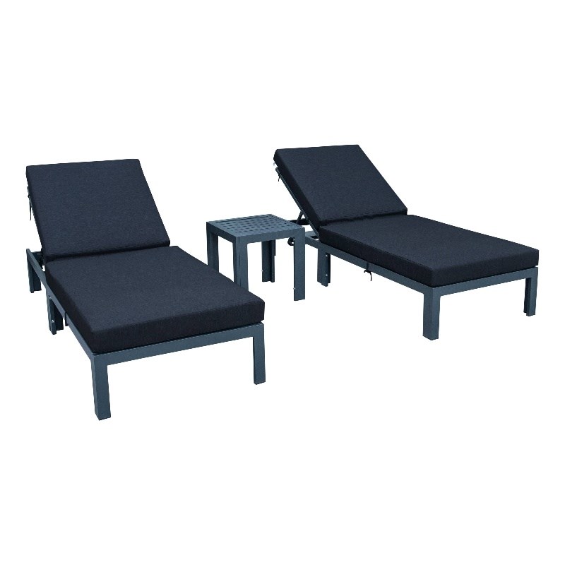 LeisureMod Chelsea Chaise Lounge Chair Set of 2 With Side Table & Black Cushions