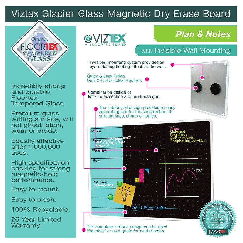 Viztex Glacier Magnetic Glass Dry Erase Board Light Teal Jet Black 14x14 inch