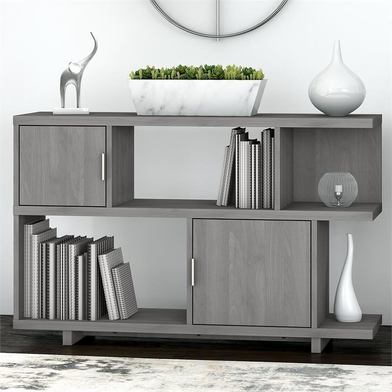 Madison Avenue Low Bookcase with Doors in Modern Gray - Engineered Wood