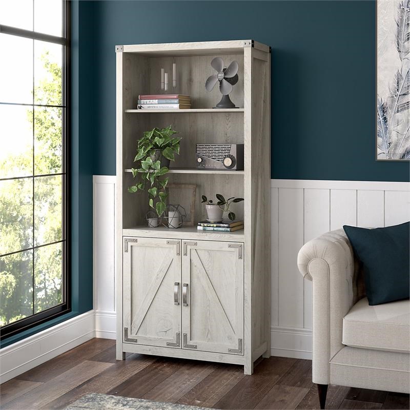 Cottage Grove 5 Shelf Bookcase with Doors in Cottage White - Engineered Wood