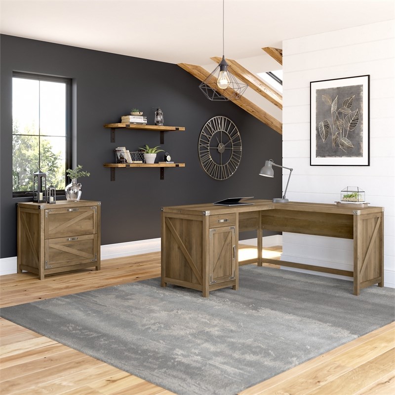 Cottage Grove 60W L Desk with File Cabinet in Reclaimed Pine - Engineered Wood