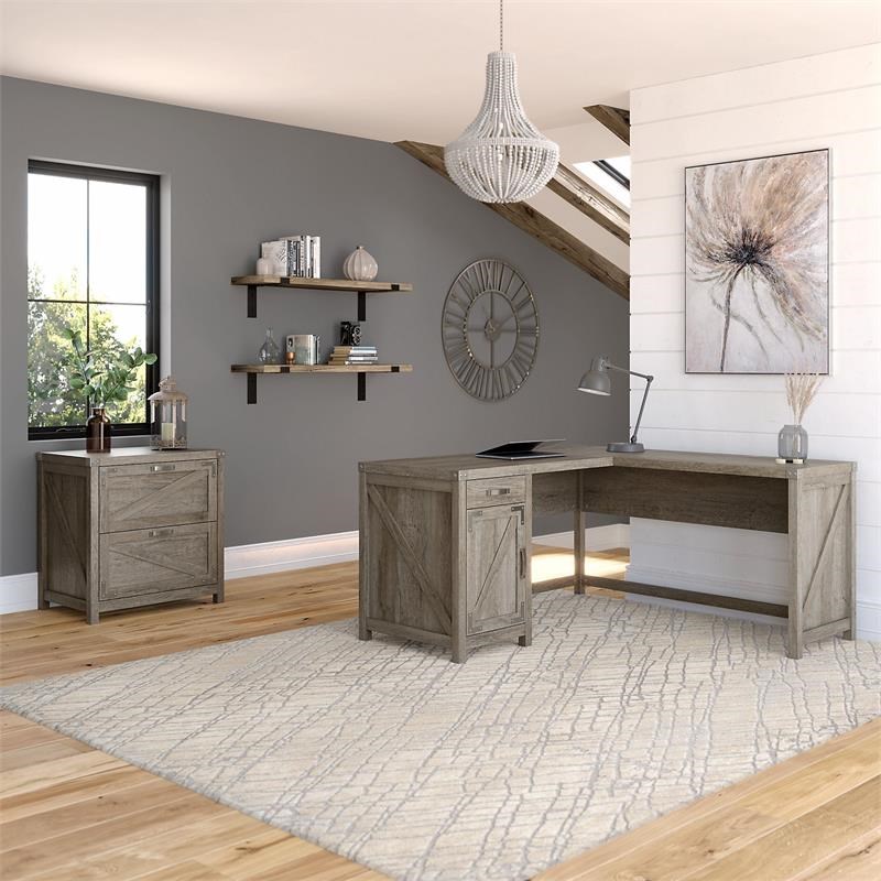 Cottage Grove 60W L Desk with File Cabinet in Restored Gray - Engineered Wood