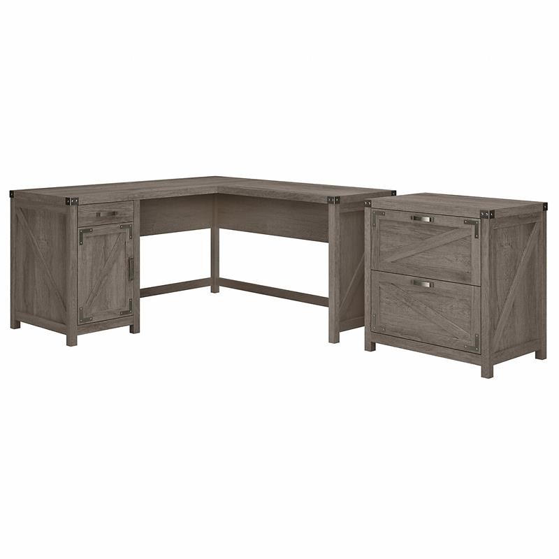 Cottage Grove 60W L Desk with File Cabinet in Restored Gray - Engineered Wood