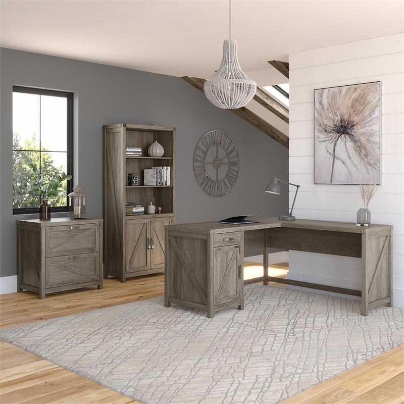 Cottage Grove 60W L Shaped Desk with Storage in Restored Gray - Engineered Wood