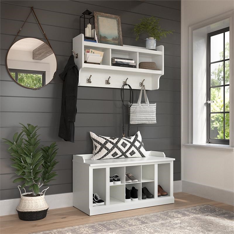 Woodland Shoe Storage Bench with Wall Mounted Shelf in White - Engineered Wood