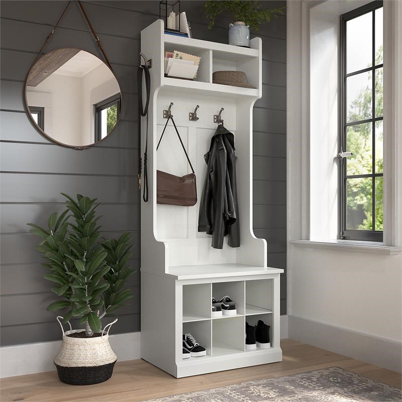 Woodland 24W Hall Tree and Shoe Bench with Shelves in White ...