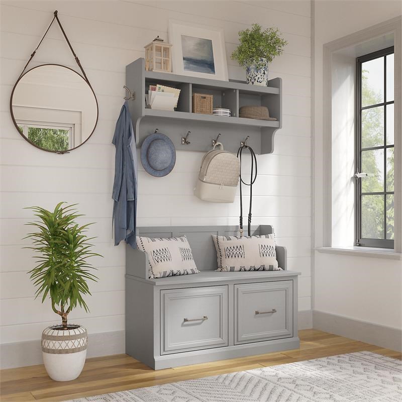 Woodland Entryway Bench with Wall Mounted Coat Rack in Gray - Engineered Wood