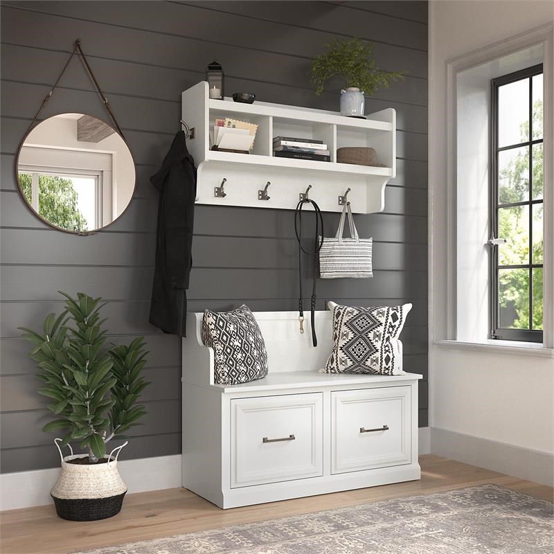 Woodland Entryway Bench with Wall Mounted Coat Rack in White - Engineered Wood