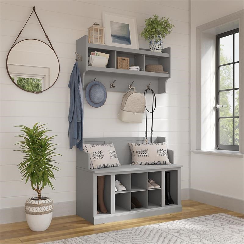 Woodland Entryway Bench with Wall Mounted Coat Rack in Gray - Engineered Wood