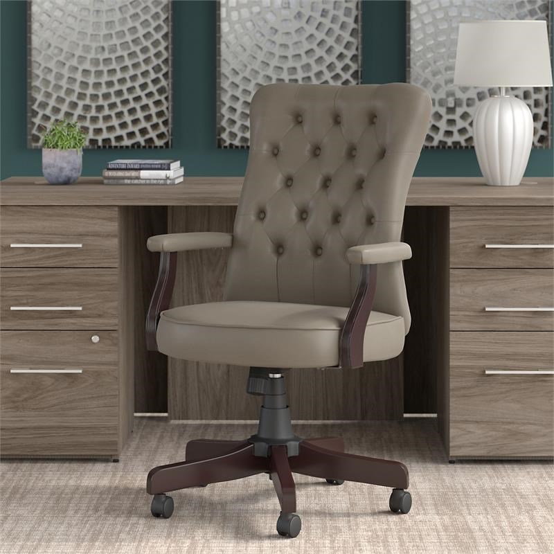 Cottage Grove High Back Tufted Office Chair with Arms in Washed Gray Leather