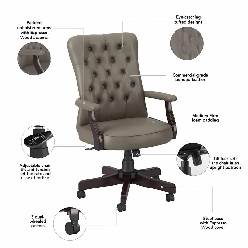 Cottage Grove High Back Tufted Office Chair with Arms in Washed Gray Leather