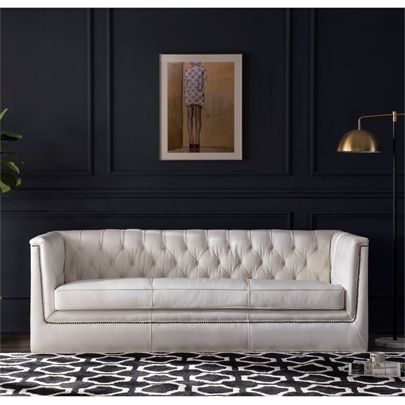 Taft Button Tufted Leather Sofa in White | Homesquare