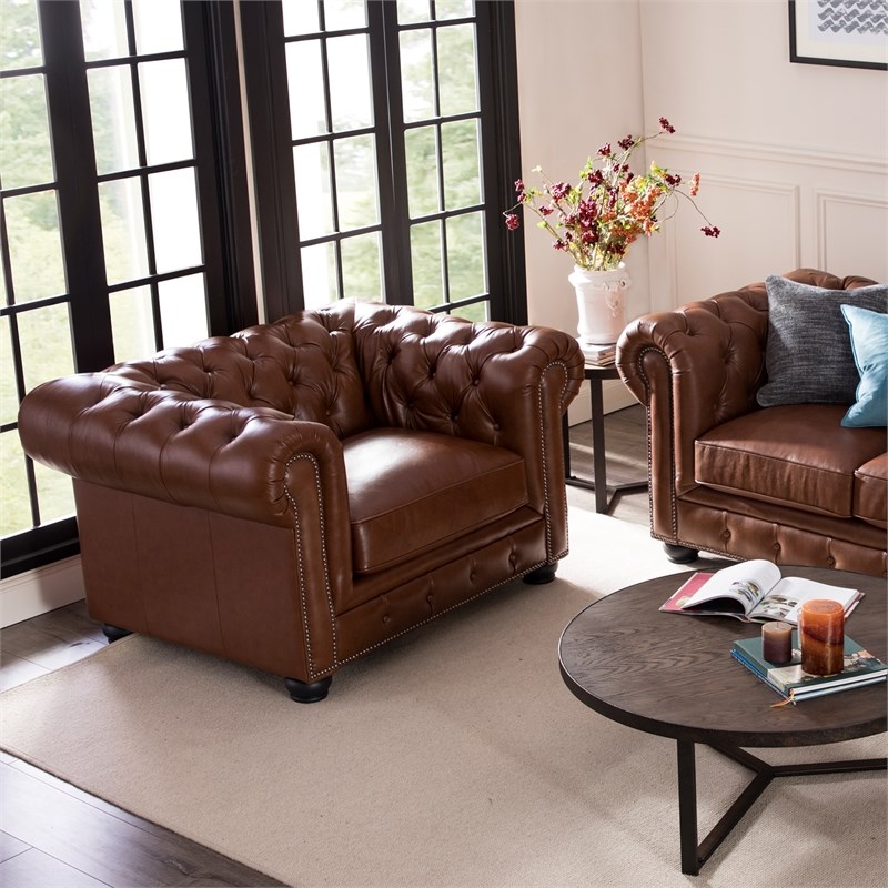 Brookfield Leather Chesterfield Accent Chair In Cobblestone Homesquare