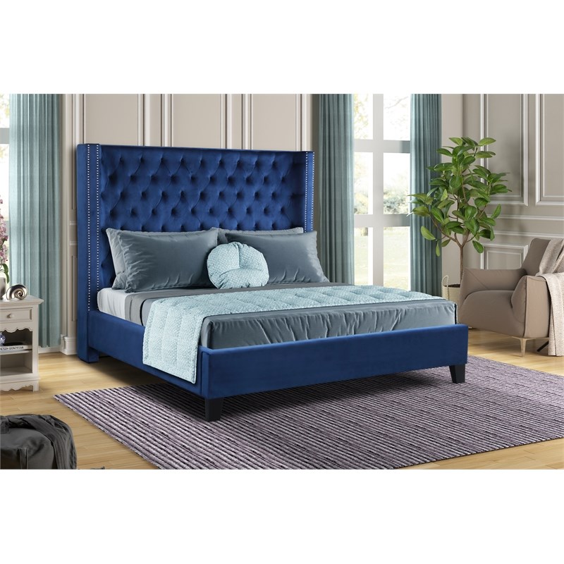 Galaxy Home Allen Tufted Velvet King Upholstered Bed in Navy Blue