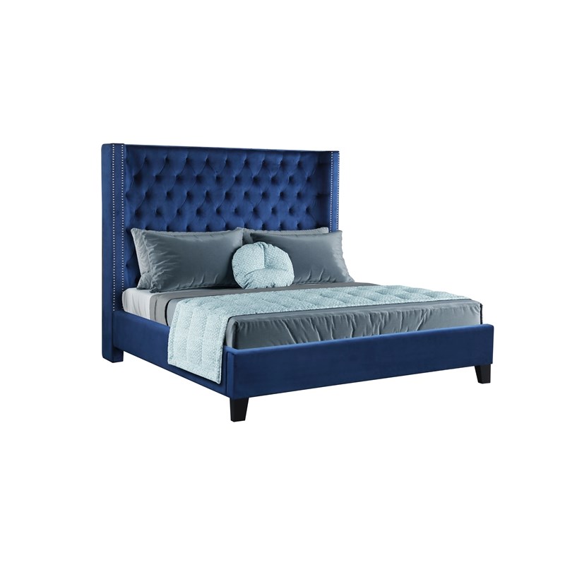 Galaxy Home Allen Tufted Velvet King Upholstered Bed in Navy Blue