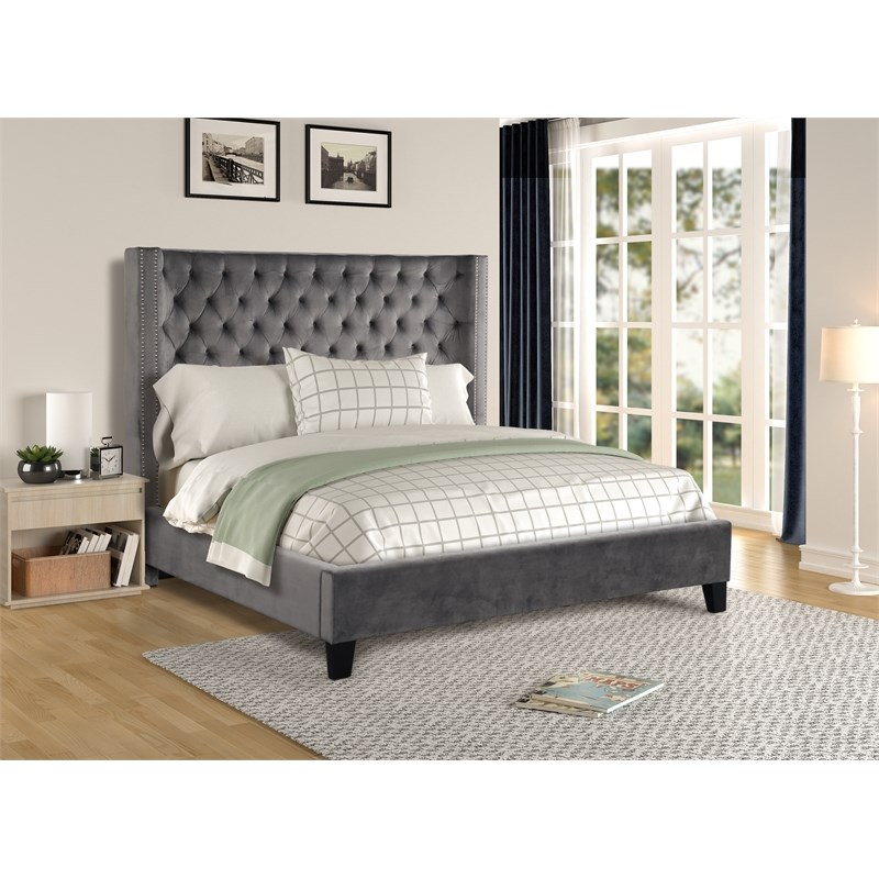 Galaxy Home Allen Tufted Upholstered Velvet Queen Bed in Gray