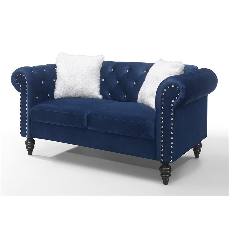 Emma 2 Pc Tufted Upholstery set Finished in Velvet Fabric in Blue