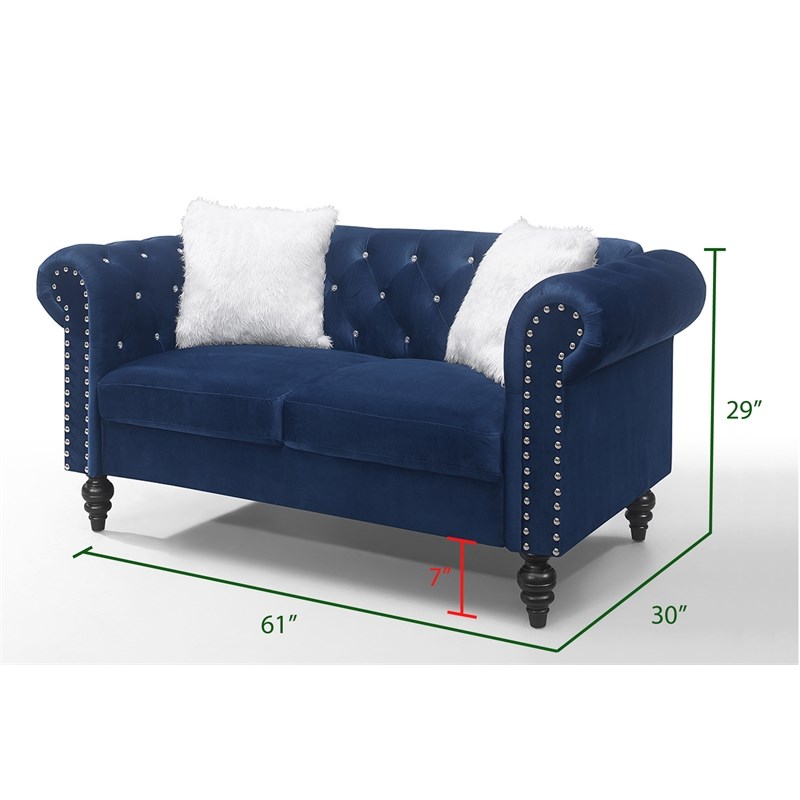 Emma 2 Pc Tufted Upholstery set Finished in Velvet Fabric in Blue