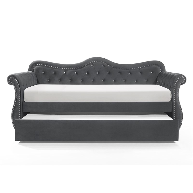Galaxy Home Abby Upholstered Velvet Wood Daybed with Trundle in Gray