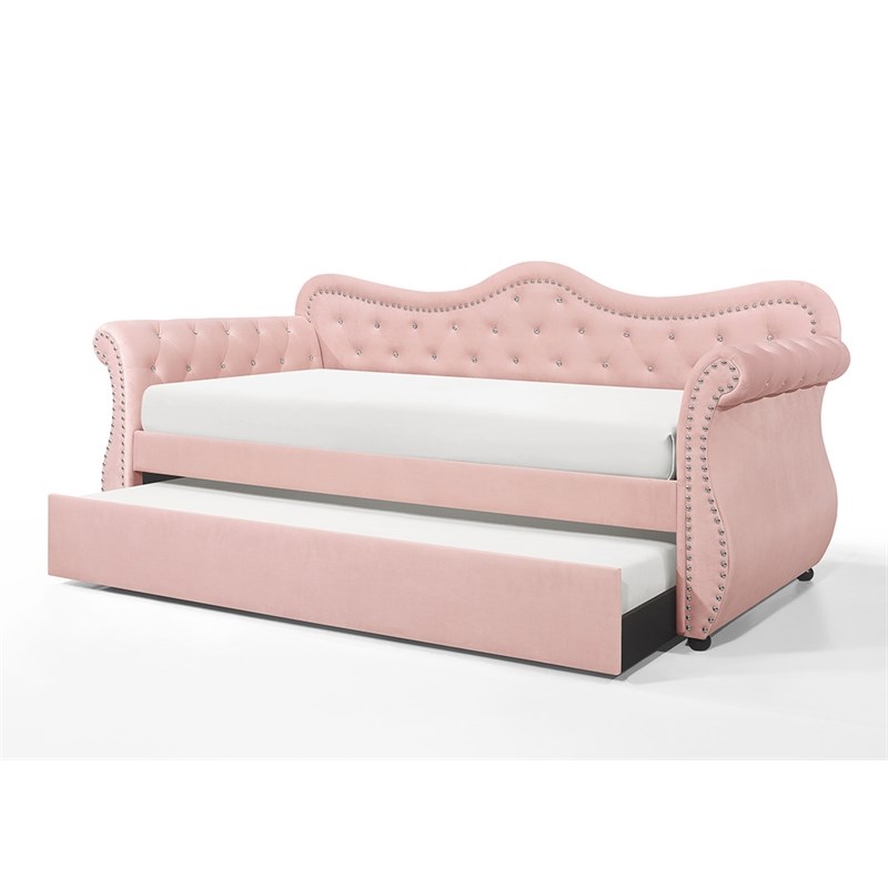 Galaxy Home Abby Upholstered Velvet Wood Daybed with Trundle in Pink