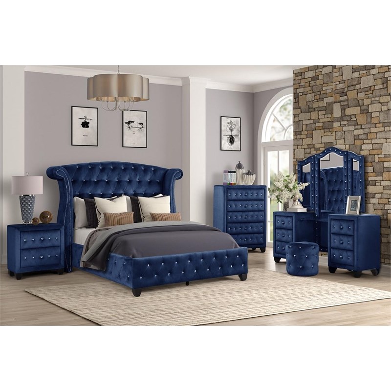 Sophia Crystal Tufted Vanity Set finished with Velvet Fabric / Wood in Blue