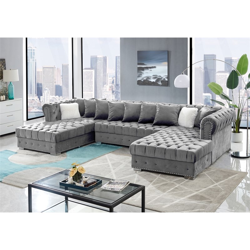 Monalisa U-Shaped Sectional in Gray Finished with Velvet Fabric